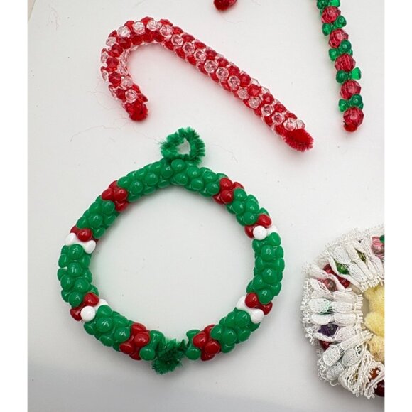 Handmade Beaded Christmas Tree Ornaments Wreath Candy Cane Lot of 7 - Picture 6 of 9